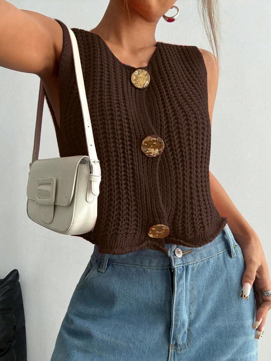 Flirla Women's Front Button Sleeveless Casual All-Match Knit Top