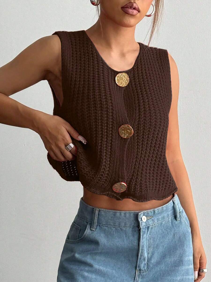 Flirla Women's Front Button Sleeveless Casual All-Match Knit Top