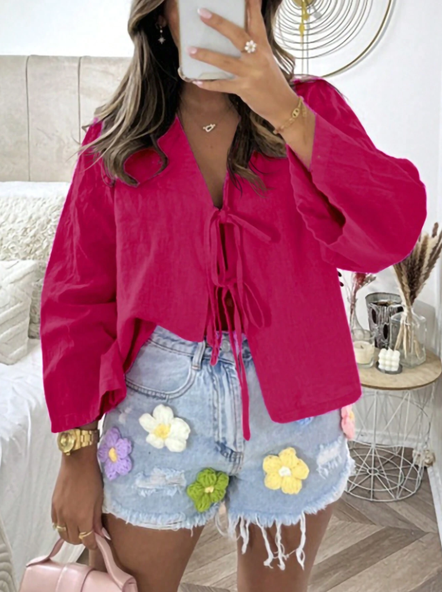 INAWLY Women's Purple V-Neck Tie Front Long Sleeve Shirt, Spring