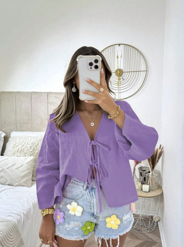 INAWLY Women's Purple V-Neck Tie Front Long Sleeve Shirt, Spring