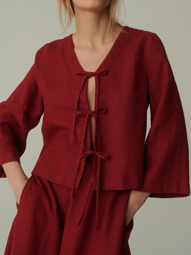 INAWLY Women's Purple V-Neck Tie Front Long Sleeve Shirt, Spring