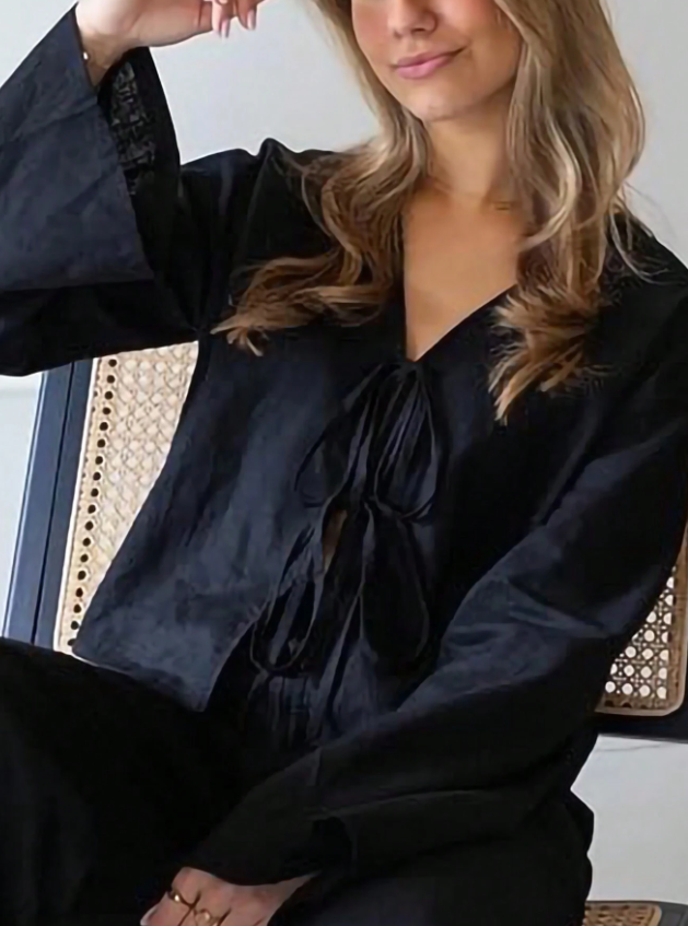 INAWLY Women's Purple V-Neck Tie Front Long Sleeve Shirt, Spring